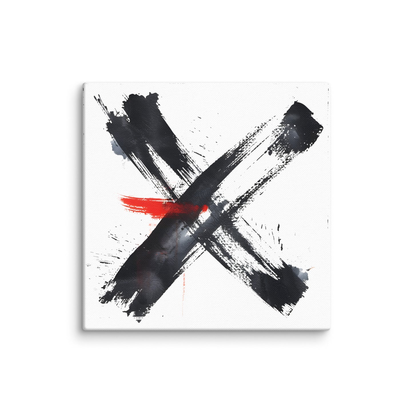 Wandbild Red Cross No. 03 aus der Kollektion Chaos & Order im Format 16x16 Zoll mit rotem Kreuz, schwarzer Pinselkomposition und abstrakter Tusche-Komposition