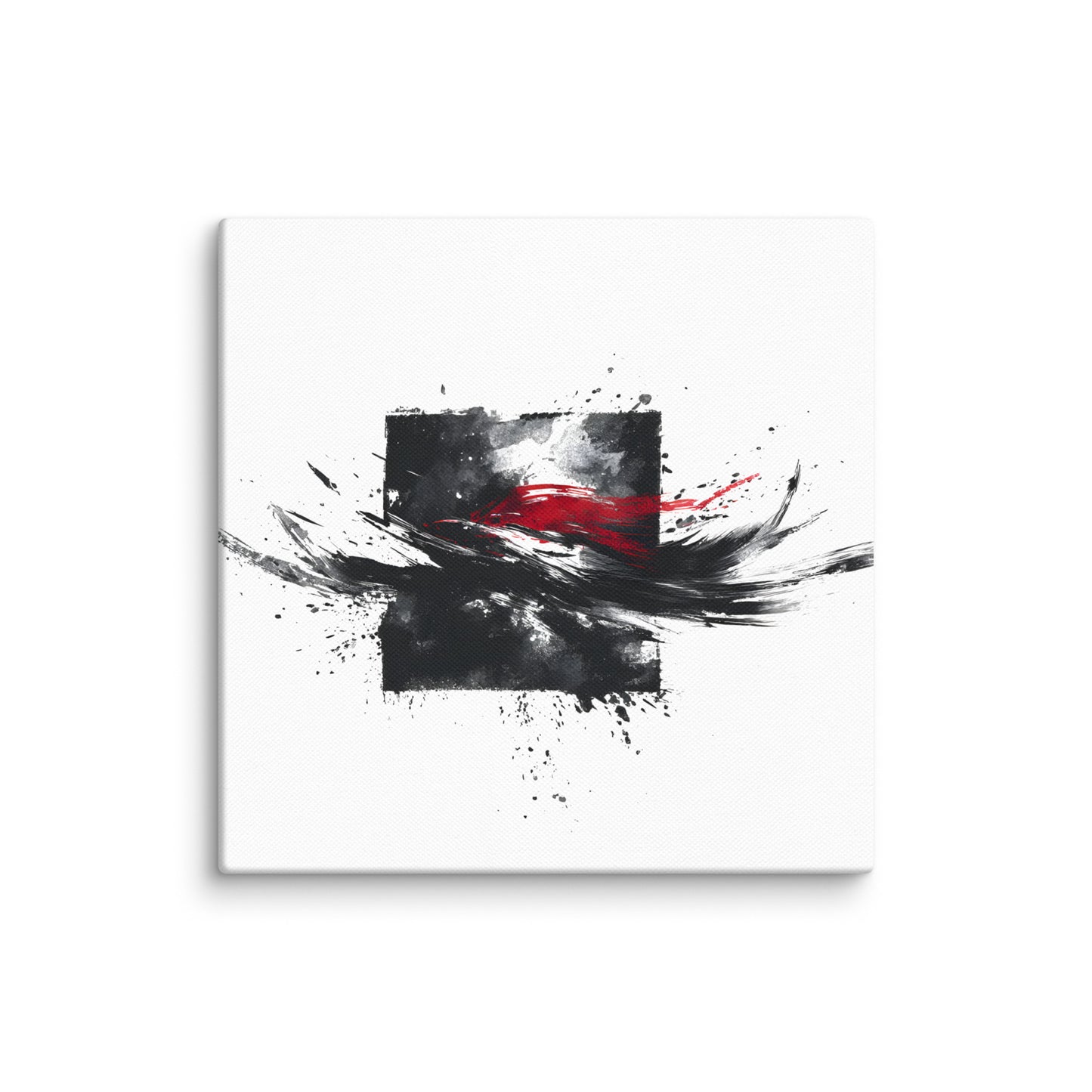 Wandbild Red Square No. 01 aus der Kollektion Chaos & Order im Format 12x12 Zoll mit rotem Quadrat, schwarzer Quadratstruktur und abstrakter Tusche-Komposition