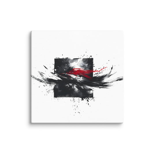 Wandbild Red Square No. 01 aus der Kollektion Chaos & Order im Format 12x12 Zoll mit rotem Quadrat, schwarzer Quadratstruktur und abstrakter Tusche-Komposition
