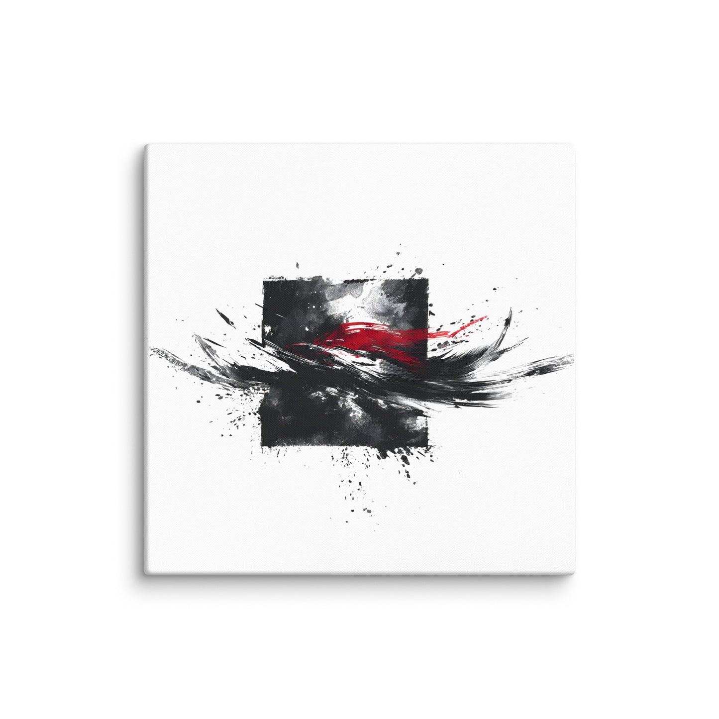 Wandbild Red Square No. 01 aus der Kollektion Chaos & Order im Format 24x24 Zoll mit rotem Quadrat, schwarzer Quadratstruktur und abstrakter Tusche-Komposition