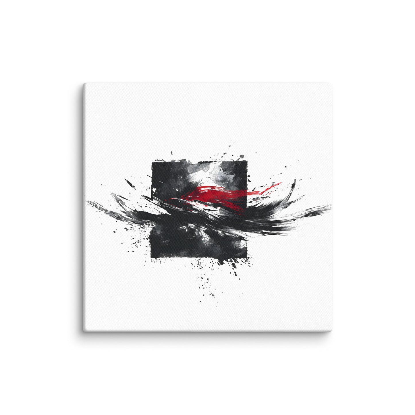 Wandbild Red Square No. 01 aus der Kollektion Chaos & Order im Format 36x36 Zoll mit rotem Quadrat, schwarzer Quadratstruktur und abstrakter Tusche-Komposition