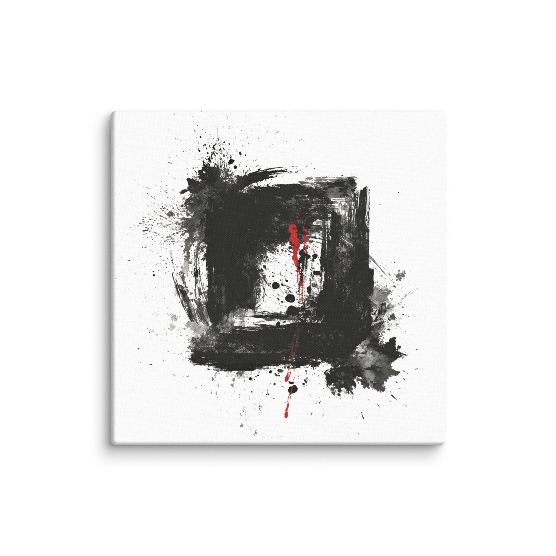 Wandbild Red Square No. 02 aus der Kollektion Chaos & Order im Format 12x12 Zoll mit rotem Quadrat, schwarzer Quadratstruktur und abstrakter Tusche-Komposition