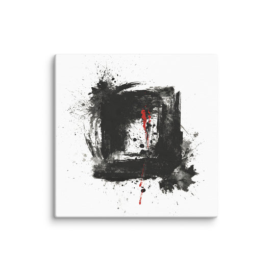 Wandbild Red Square No. 02 aus der Kollektion Chaos & Order im Format 12x12 Zoll mit rotem Quadrat, schwarzer Quadratstruktur und abstrakter Tusche-Komposition