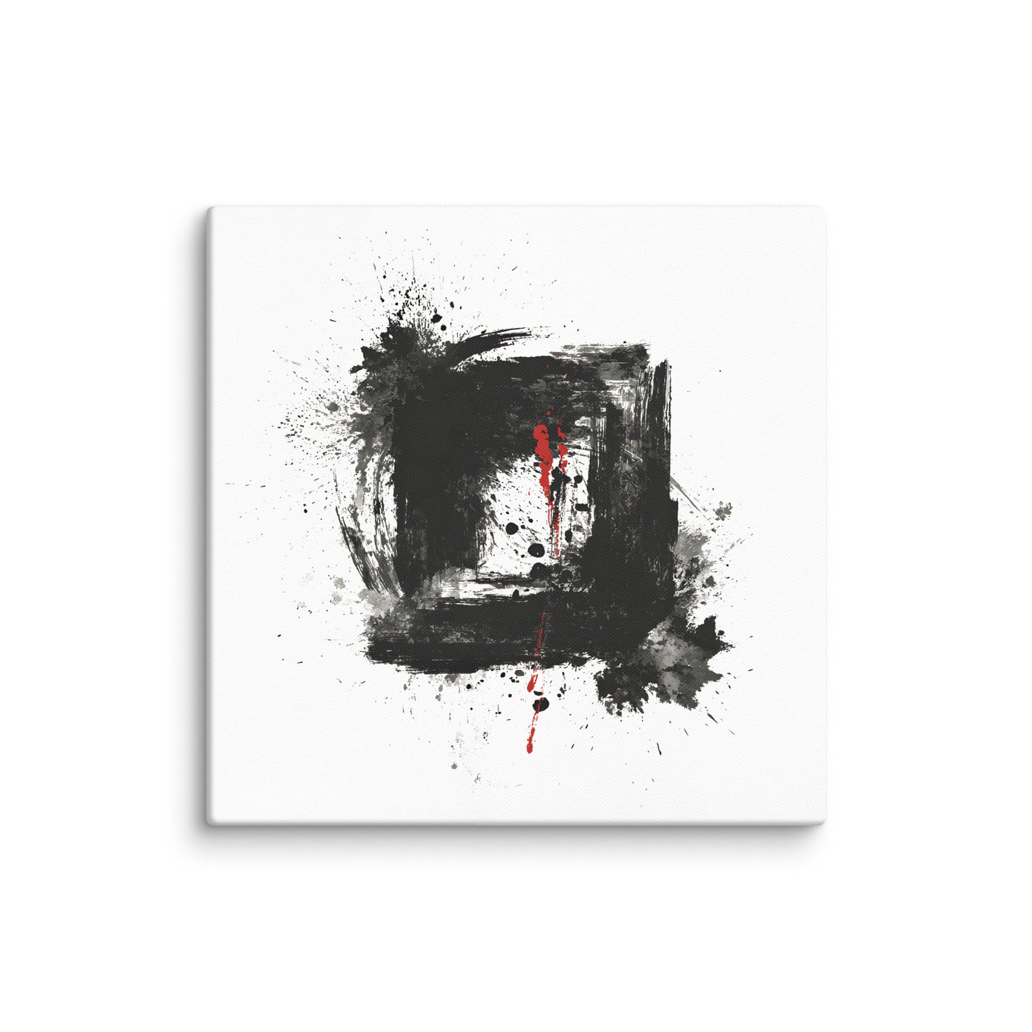 Wandbild Red Square No. 02 aus der Kollektion Chaos & Order im Format 36x36 Zoll mit rotem Quadrat, schwarzer Quadratstruktur und abstrakter Tusche-Komposition