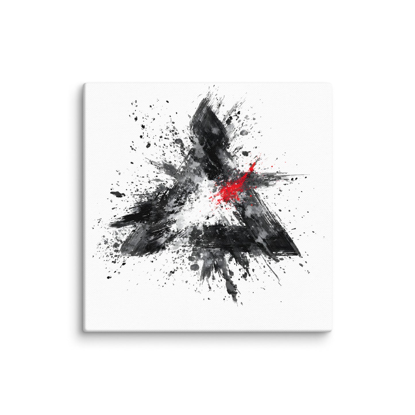 Wandbild Red Triangle No. 01 aus der Kollektion Chaos & Order im Format 12x12 Zoll mit rotem Dreieck, schwarzer Pinselkomposition und abstrakter Tusche-Komposition