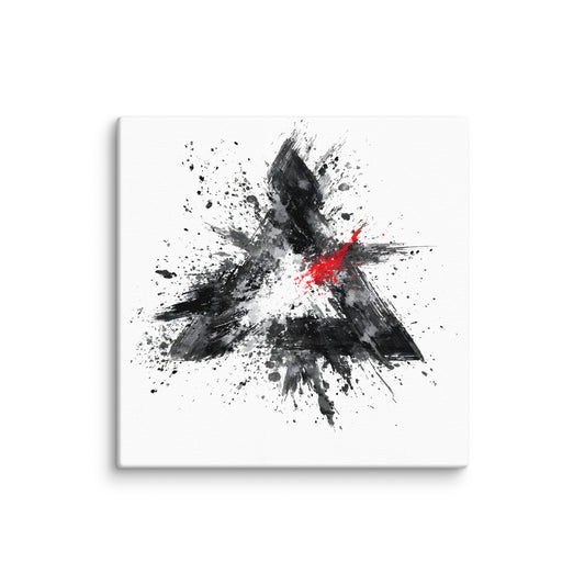 Wandbild Red Triangle No. 01 aus der Kollektion Chaos & Order im Format 12x12 Zoll mit rotem Dreieck, schwarzer Pinselkomposition und abstrakter Tusche-Komposition