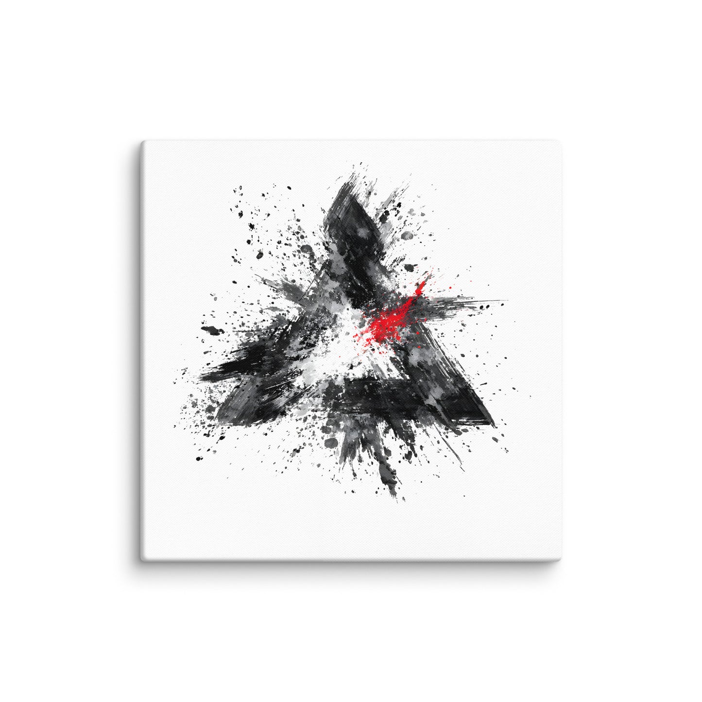 Wandbild Red Triangle No. 01 aus der Kollektion Chaos & Order im Format 30x30 Zoll mit rotem Dreieck, schwarzer Pinselkomposition und abstrakter Tusche-Komposition