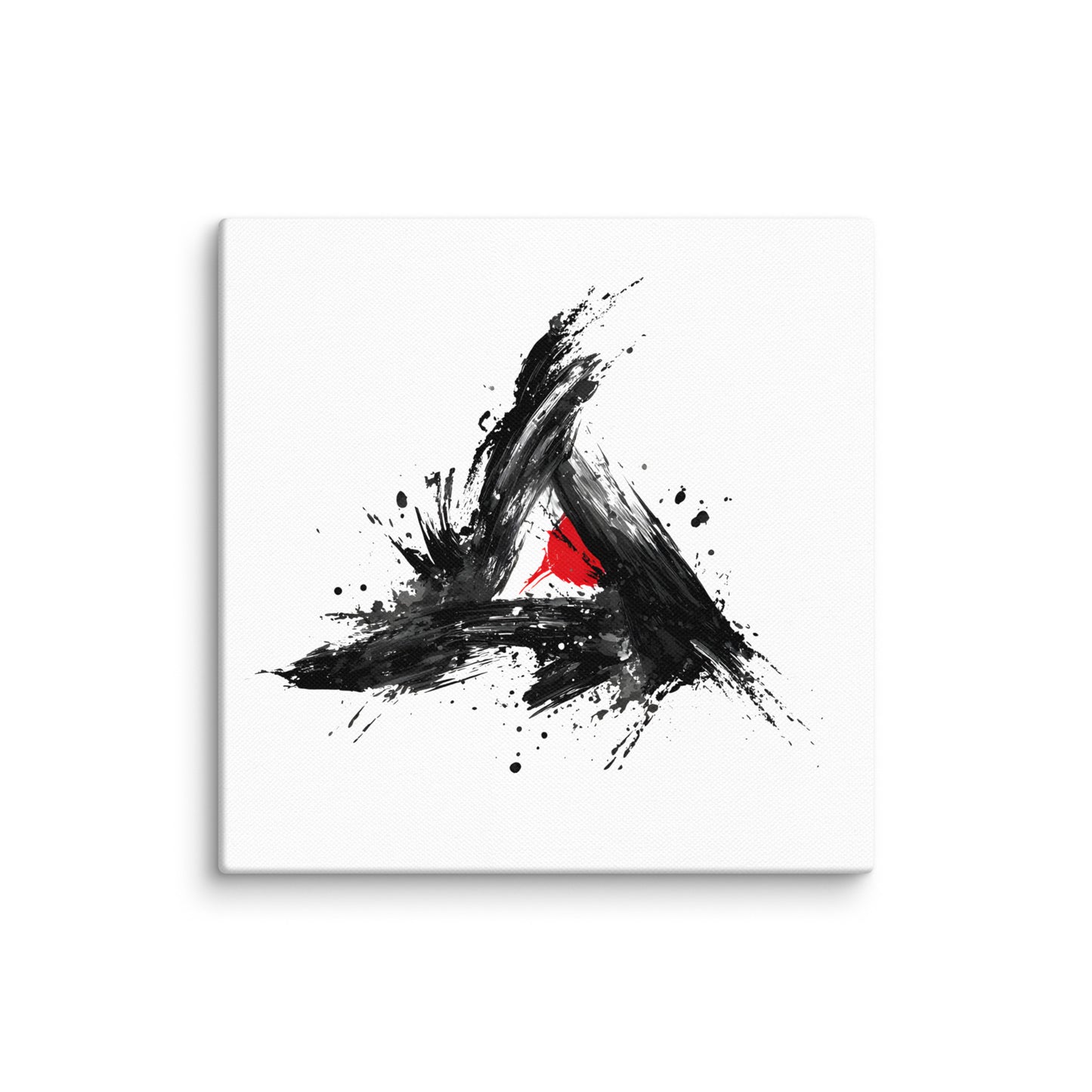 Wandbild Red Triangle No. 02 aus der Kollektion Chaos & Order im Format 12x12 Zoll mit rotem Dreieck, schwarzer Pinselkomposition und abstrakter Tusche-Komposition