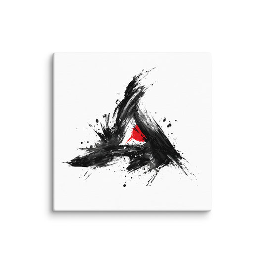 Wandbild Red Triangle No. 02 aus der Kollektion Chaos & Order im Format 12x12 Zoll mit rotem Dreieck, schwarzer Pinselkomposition und abstrakter Tusche-Komposition