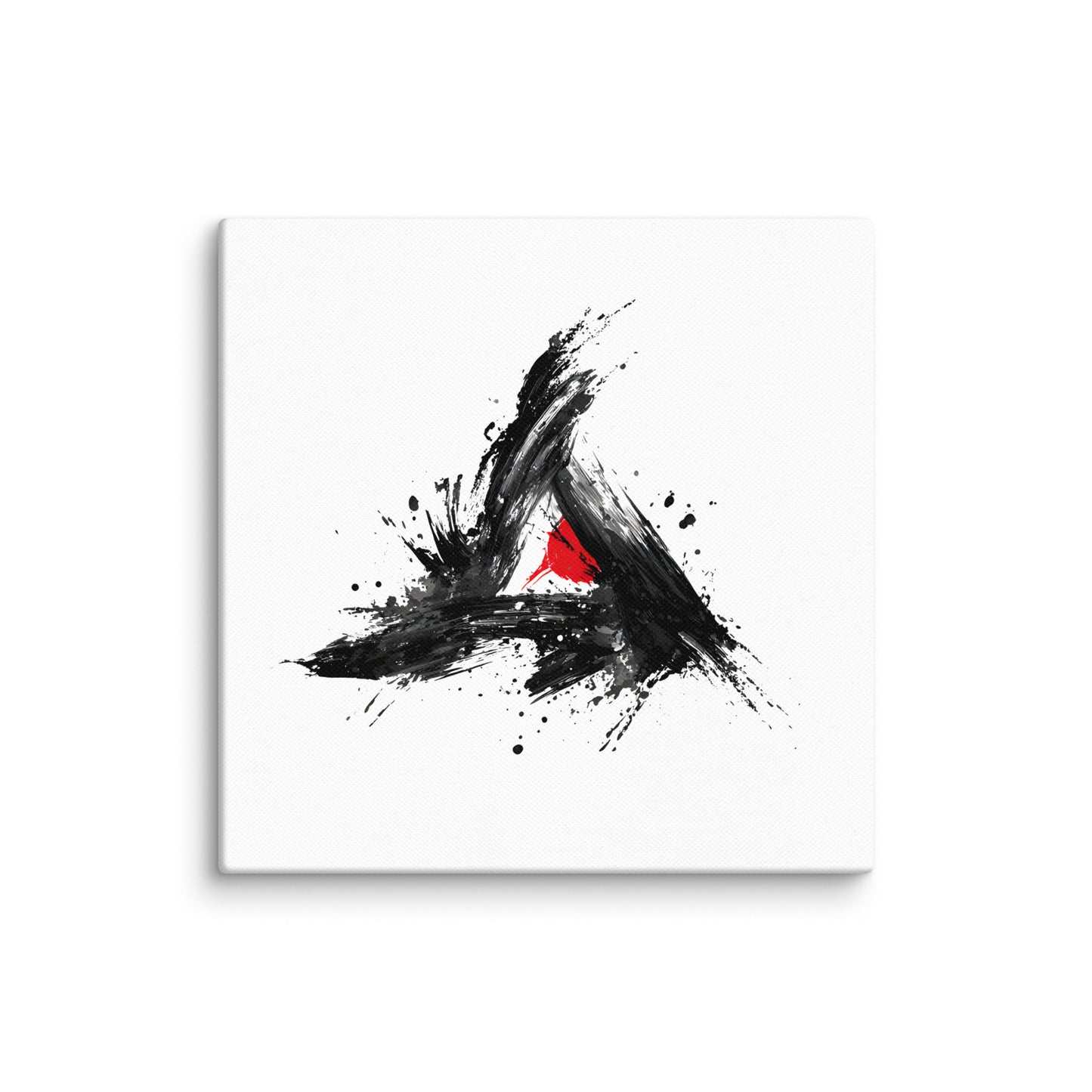 Wandbild Red Triangle No. 02 aus der Kollektion Chaos & Order im Format 16x16 Zoll mit rotem Dreieck, schwarzer Pinselkomposition und abstrakter Tusche-Komposition