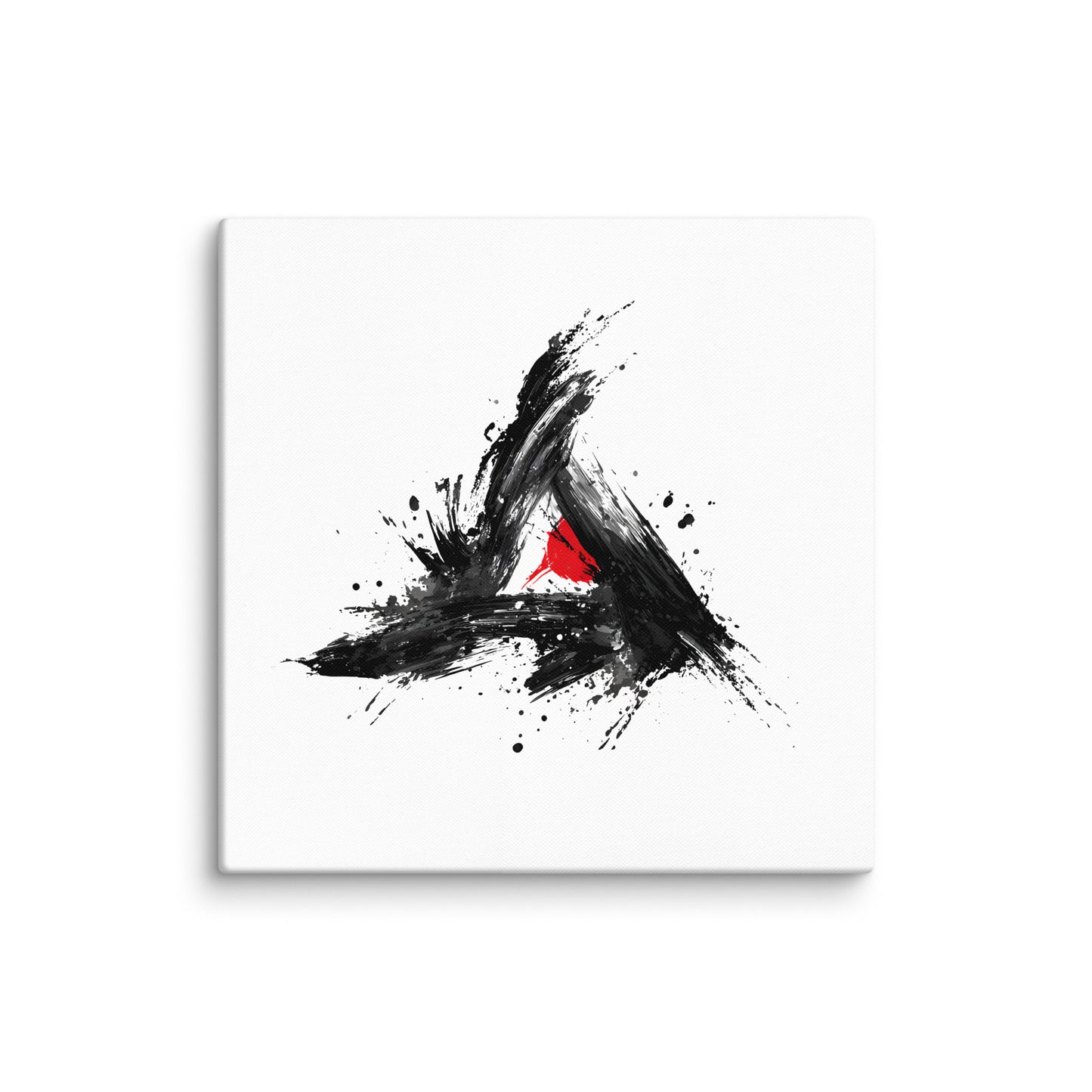 Wandbild Red Triangle No. 02 aus der Kollektion Chaos & Order im Format 24x24 Zoll mit rotem Dreieck, schwarzer Pinselkomposition und abstrakter Tusche-Komposition