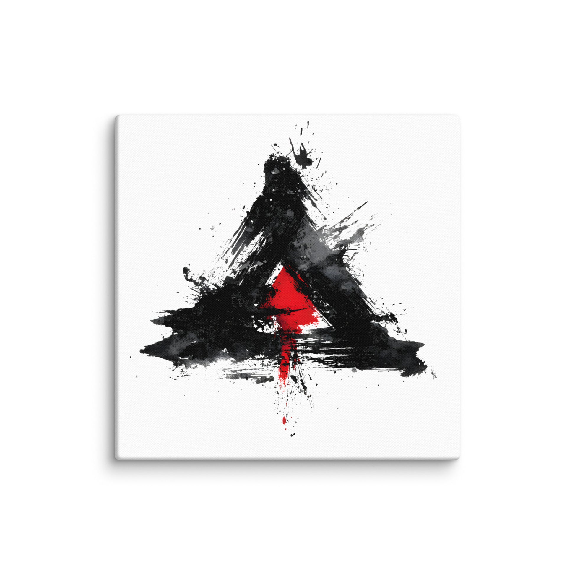 Wandbild Red Triangle No. 03 aus der Kollektion Chaos & Order im Format 12x12 Zoll mit rotem Dreieck, schwarzer Pinselkomposition und abstrakter Tusche-Komposition