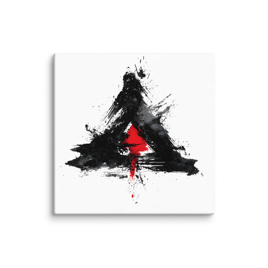 Wandbild Red Triangle No. 03 aus der Kollektion Chaos & Order im Format 12x12 Zoll mit rotem Dreieck, schwarzer Pinselkomposition und abstrakter Tusche-Komposition