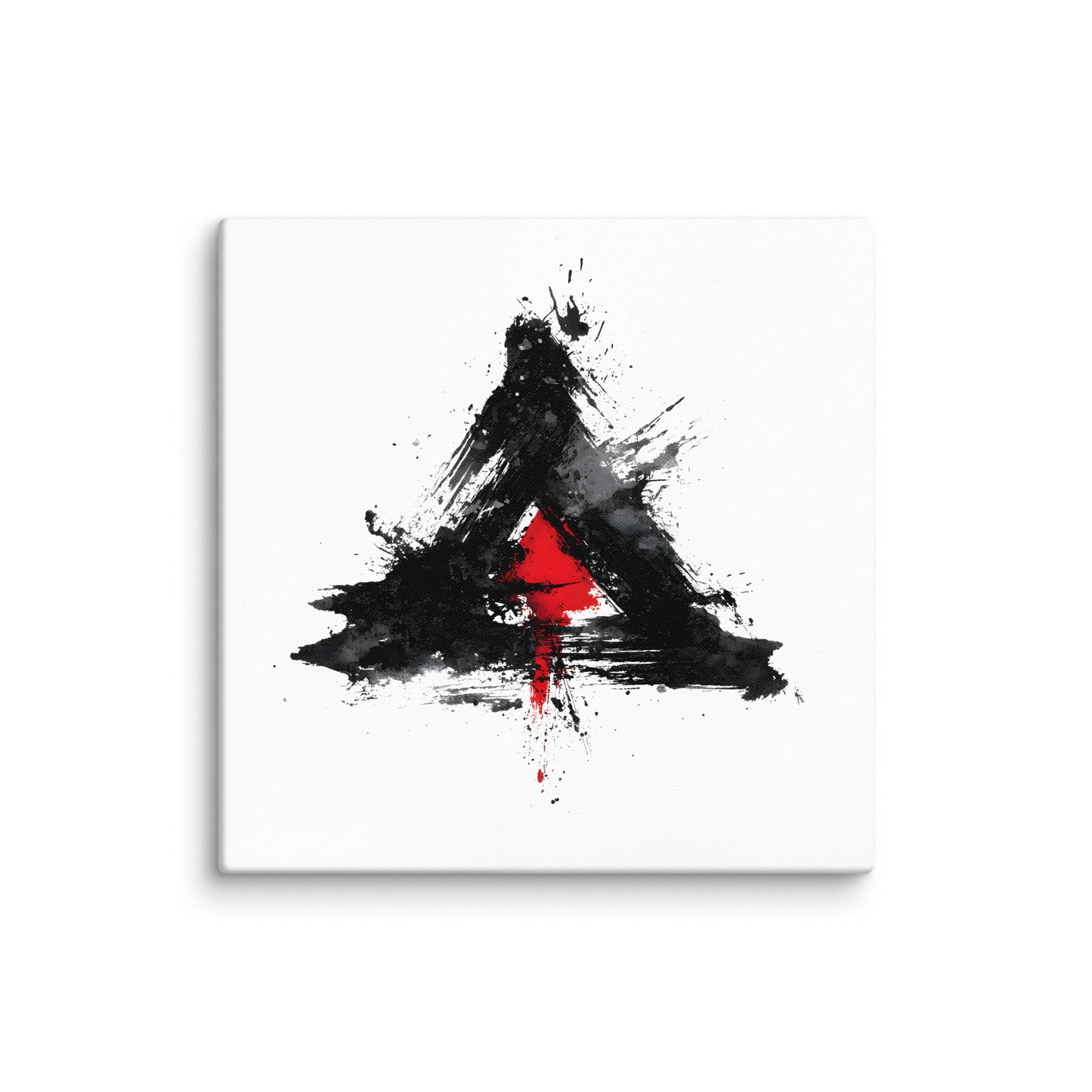 Wandbild Red Triangle No. 03 aus der Kollektion Chaos & Order im Format 30x30 Zoll mit rotem Dreieck, schwarzer Pinselkomposition und abstrakter Tusche-Komposition