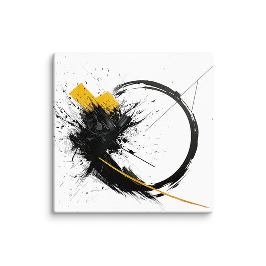 Wandbild Yellow Circle No. 01 aus der Kollektion Chaos & Order im Format 12x12 Zoll mit schwarzer Kreisform, gelben Pinselstrichen und dynamischer Tusche-Komposition