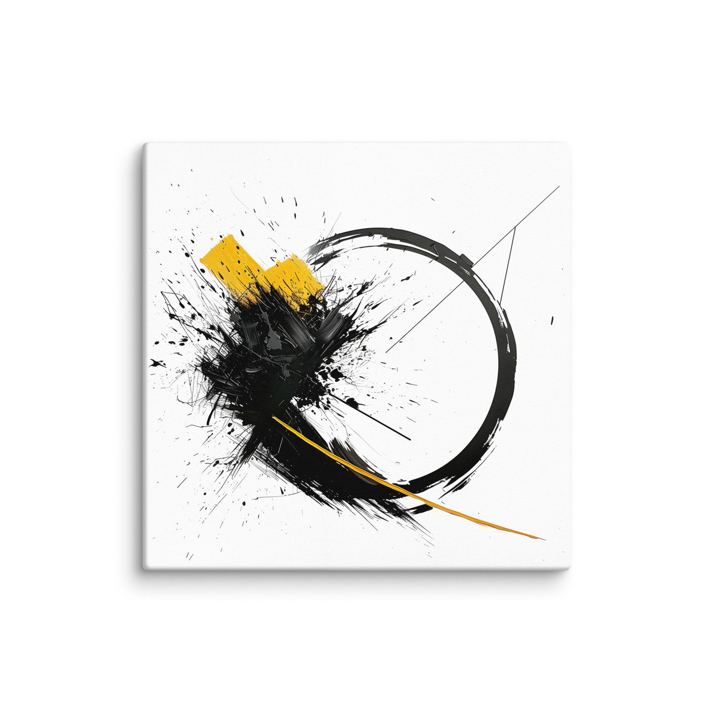 Wandbild Yellow Circle No. 01 aus der Kollektion Chaos & Order im Format 20x20 Zoll mit schwarzer Kreisform, gelben Pinselstrichen und dynamischer Tusche-Komposition