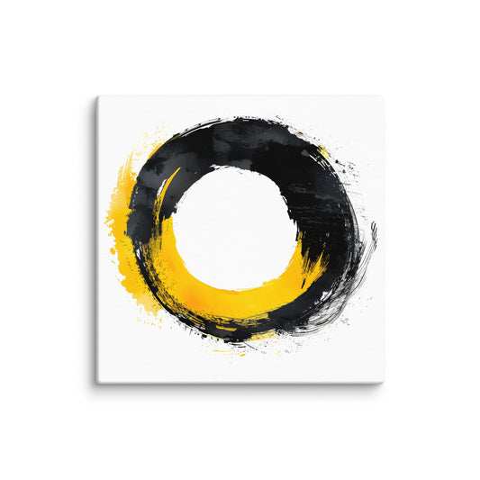 Wandbild Yellow Circle No. 02 aus der Kollektion Chaos & Order im Format 12x12 Zoll mit gelb-schwarzer Kreisform, weisser Mitte und abstrakter Pinsel-Komposition