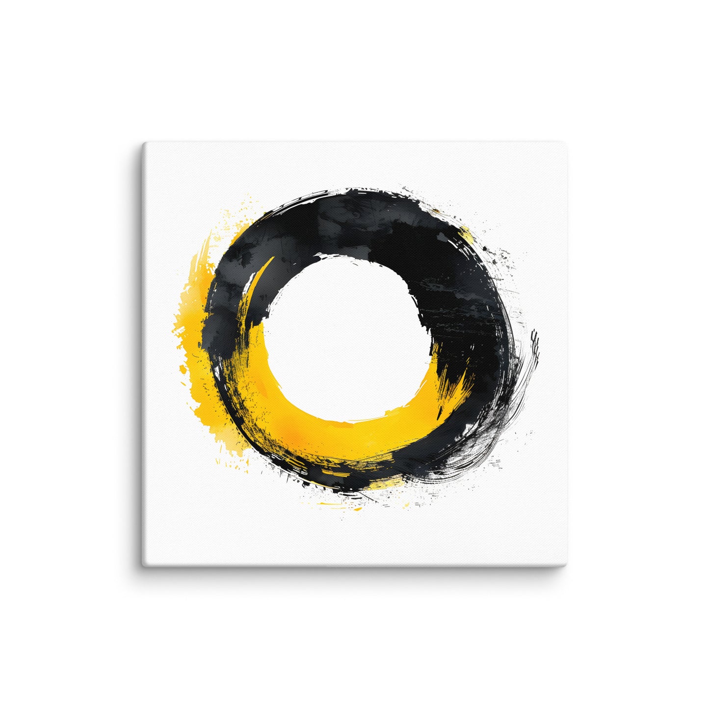 Wandbild Yellow Circle No. 02 aus der Kollektion Chaos & Order im Format 24x24 Zoll mit gelb-schwarzer Kreisform, weisser Mitte und abstrakter Pinsel-Komposition