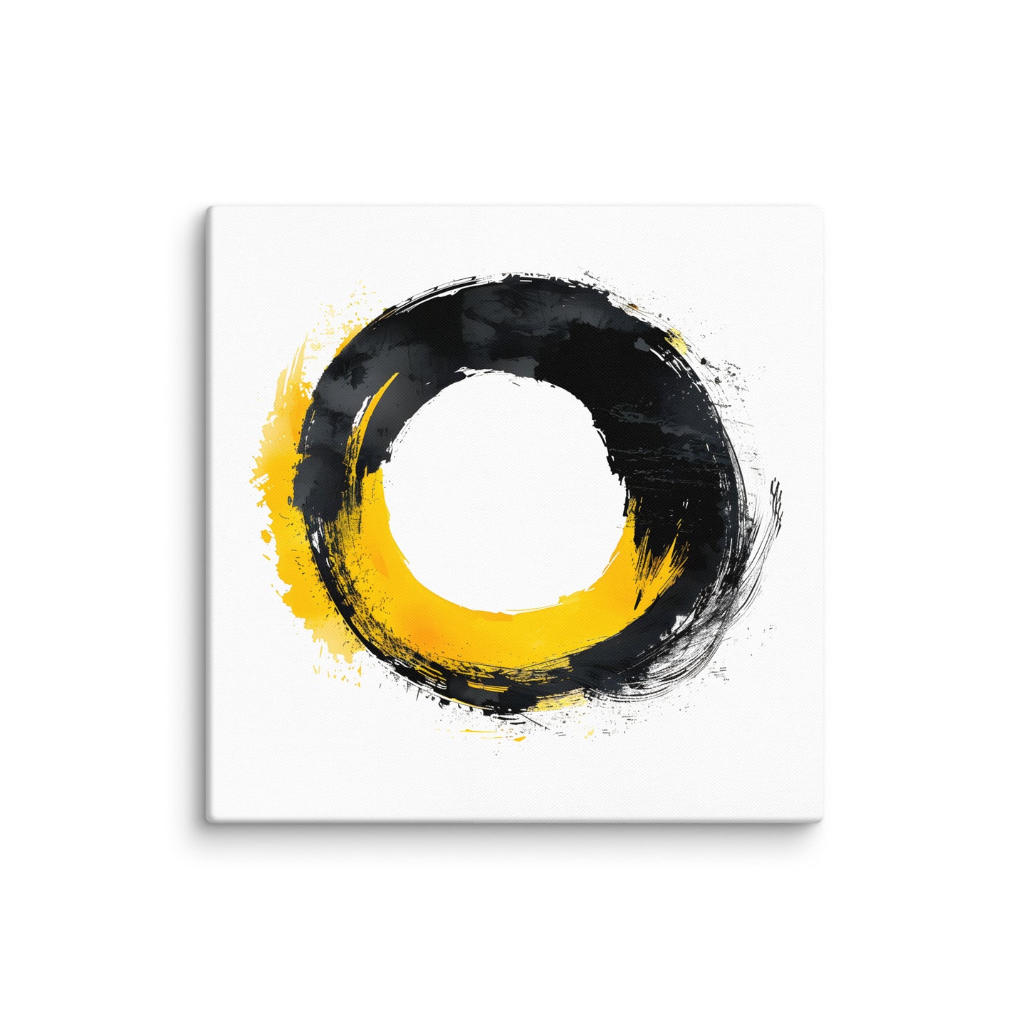 Wandbild Yellow Circle No. 02 aus der Kollektion Chaos & Order im Format 30x30 Zoll mit gelb-schwarzer Kreisform, weisser Mitte und abstrakter Pinsel-Komposition