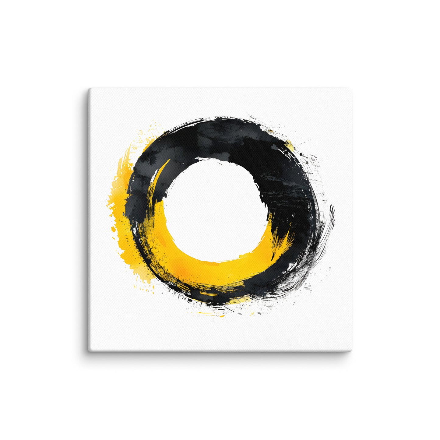 Wandbild Yellow Circle No. 02 aus der Kollektion Chaos & Order im Format 36x36 Zoll mit gelb-schwarzer Kreisform, weisser Mitte und abstrakter Pinsel-Komposition
