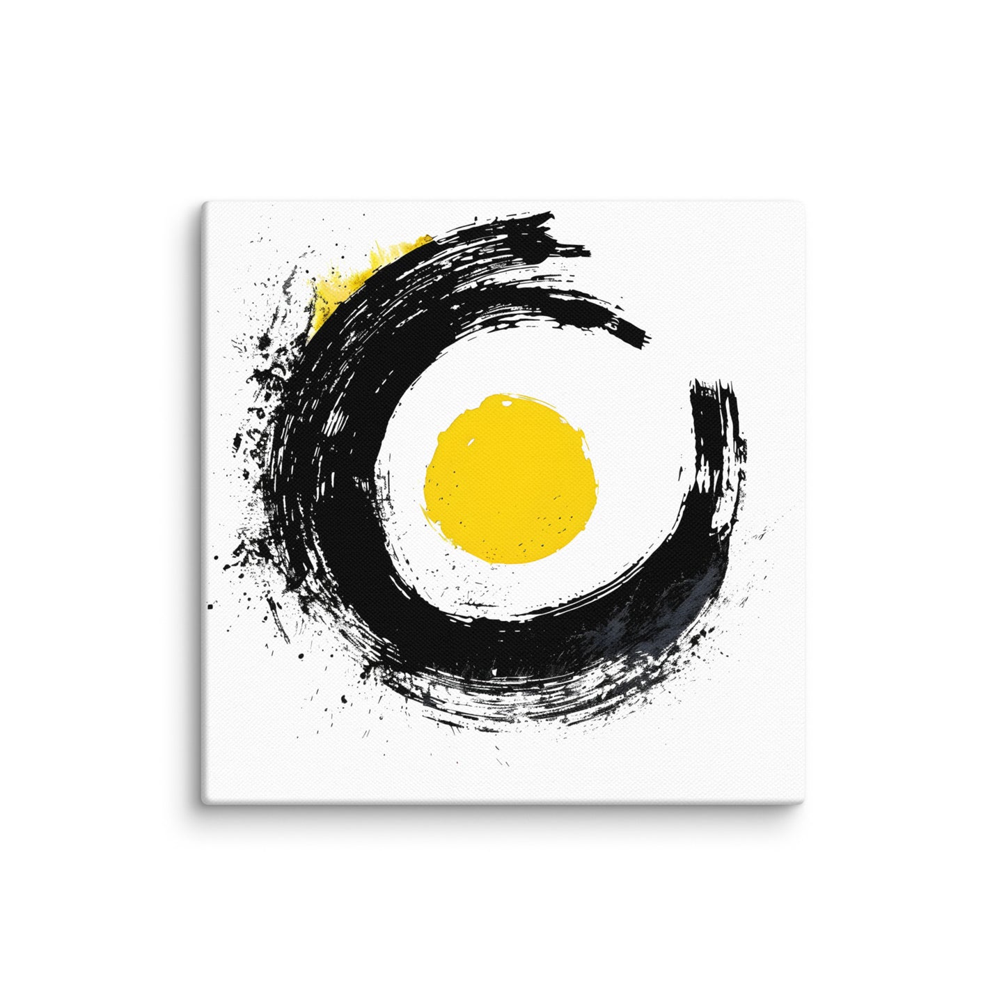 Wandbild Yellow Circle No. 03 aus der Kollektion Chaos & Order im Format 12x12 Zoll mit gelbem Kreis, schwarzer Pinsel-Kreisform und abstrakter Tusche-Komposition
