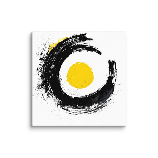 Wandbild Yellow Circle No. 03 aus der Kollektion Chaos & Order im Format 12x12 Zoll mit gelbem Kreis, schwarzer Pinsel-Kreisform und abstrakter Tusche-Komposition