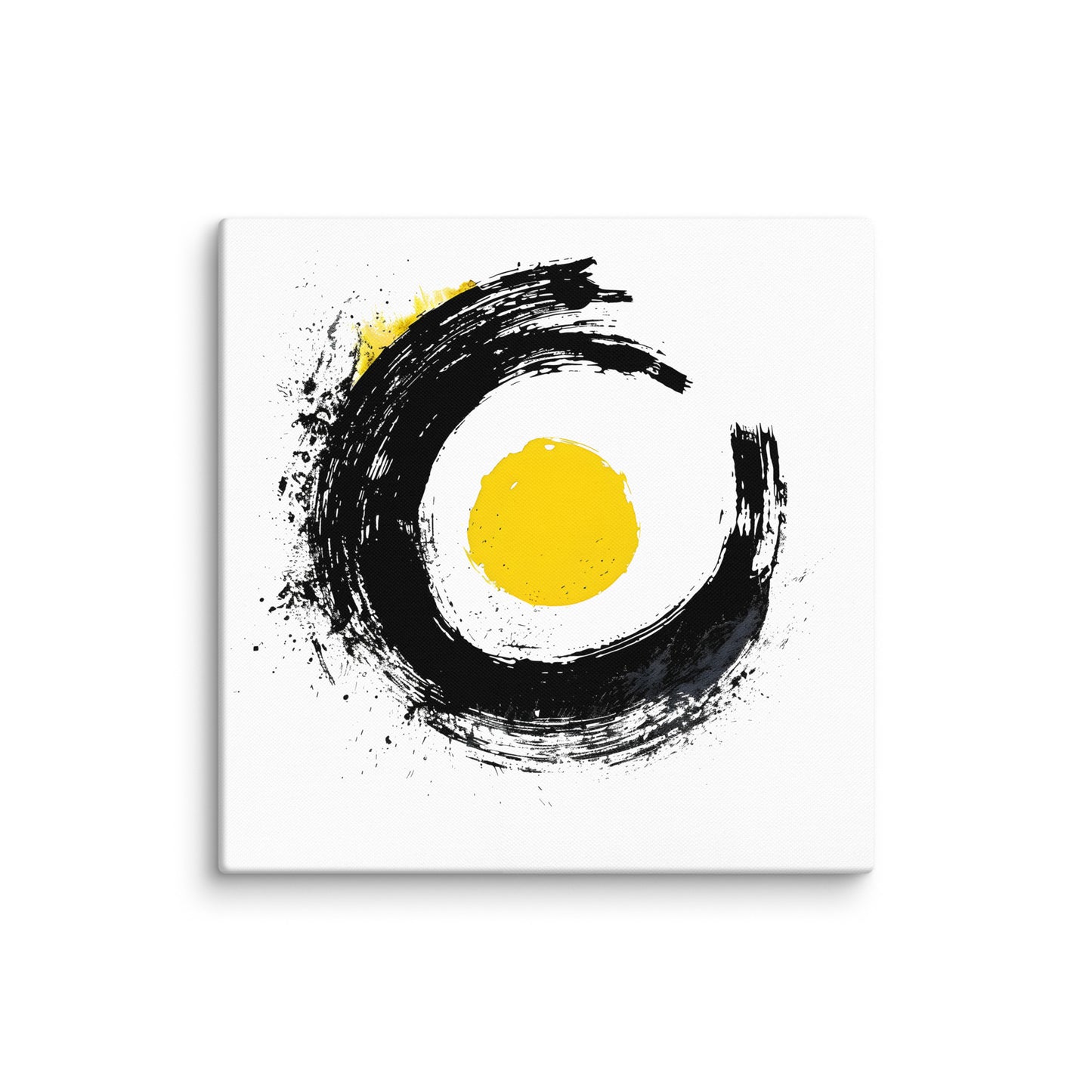 Wandbild Yellow Circle No. 03 aus der Kollektion Chaos & Order im Format 24x24 Zoll mit gelbem Kreis, schwarzer Pinsel-Kreisform und abstrakter Tusche-Komposition