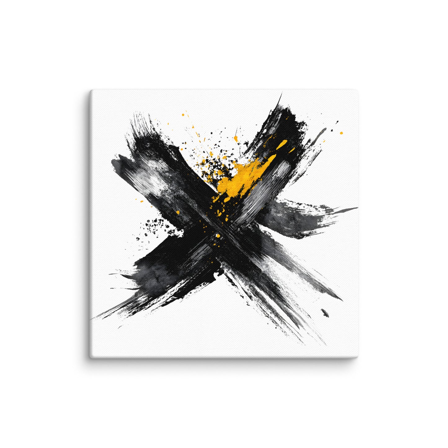 Wandbild Yellow Cross No. 01 aus der Kollektion Chaos & Order im Format 12x12 Zoll mit gelbem Kreuz, schwarzer Pinselkomposition und abstrakter Tusche-Komposition
