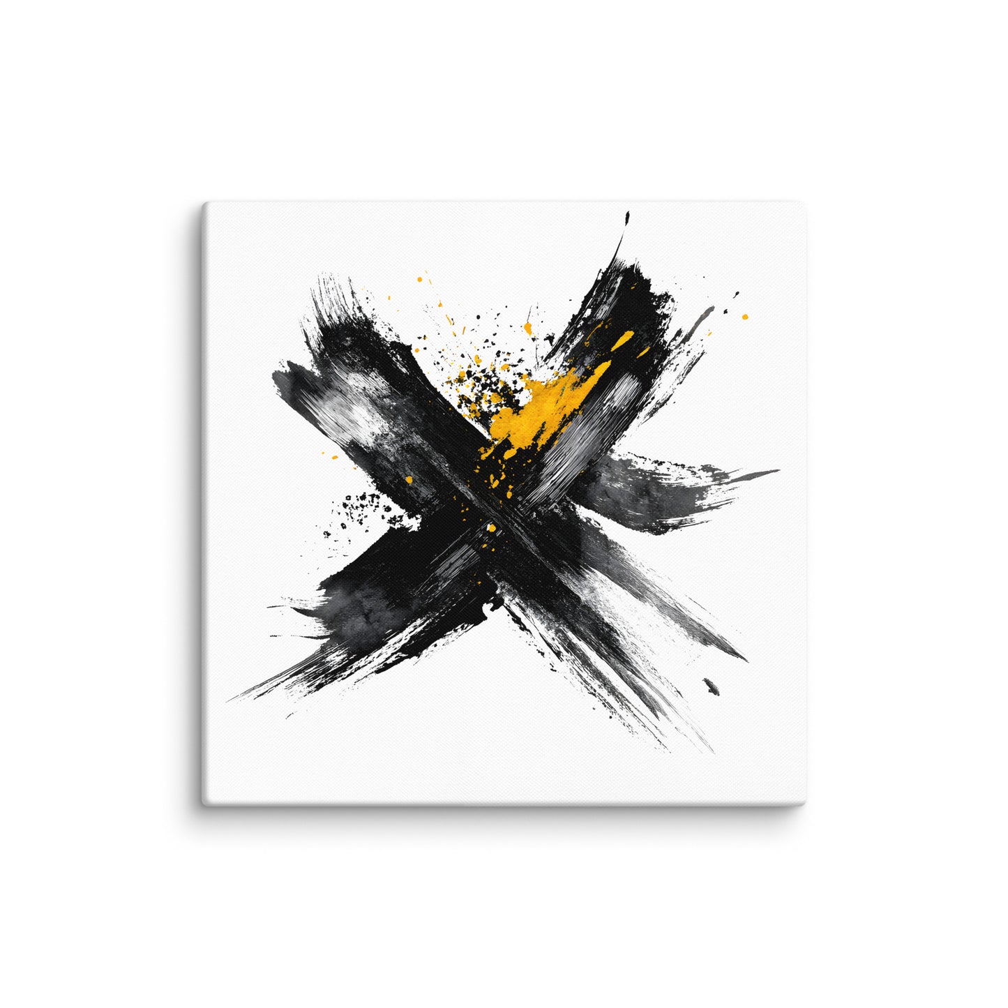 Wandbild Yellow Cross No. 01 aus der Kollektion Chaos & Order im Format 36x36 Zoll mit gelbem Kreuz, schwarzer Pinselkomposition und abstrakter Tusche-Komposition