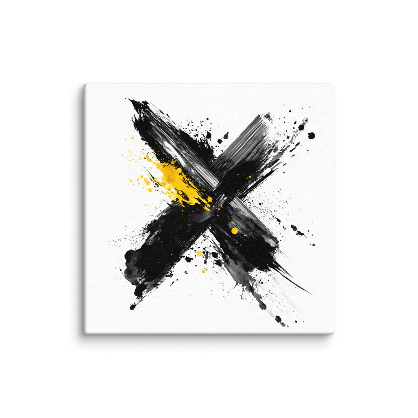 Wandbild Yellow Cross No. 02 aus der Kollektion Chaos & Order im Format 12x12 Zoll mit gelbem Kreuz, schwarzer Pinselkomposition und abstrakter Tusche-Komposition
