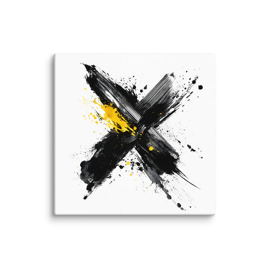 Wandbild Yellow Cross No. 02 aus der Kollektion Chaos & Order im Format 12x12 Zoll mit gelbem Kreuz, schwarzer Pinselkomposition und abstrakter Tusche-Komposition