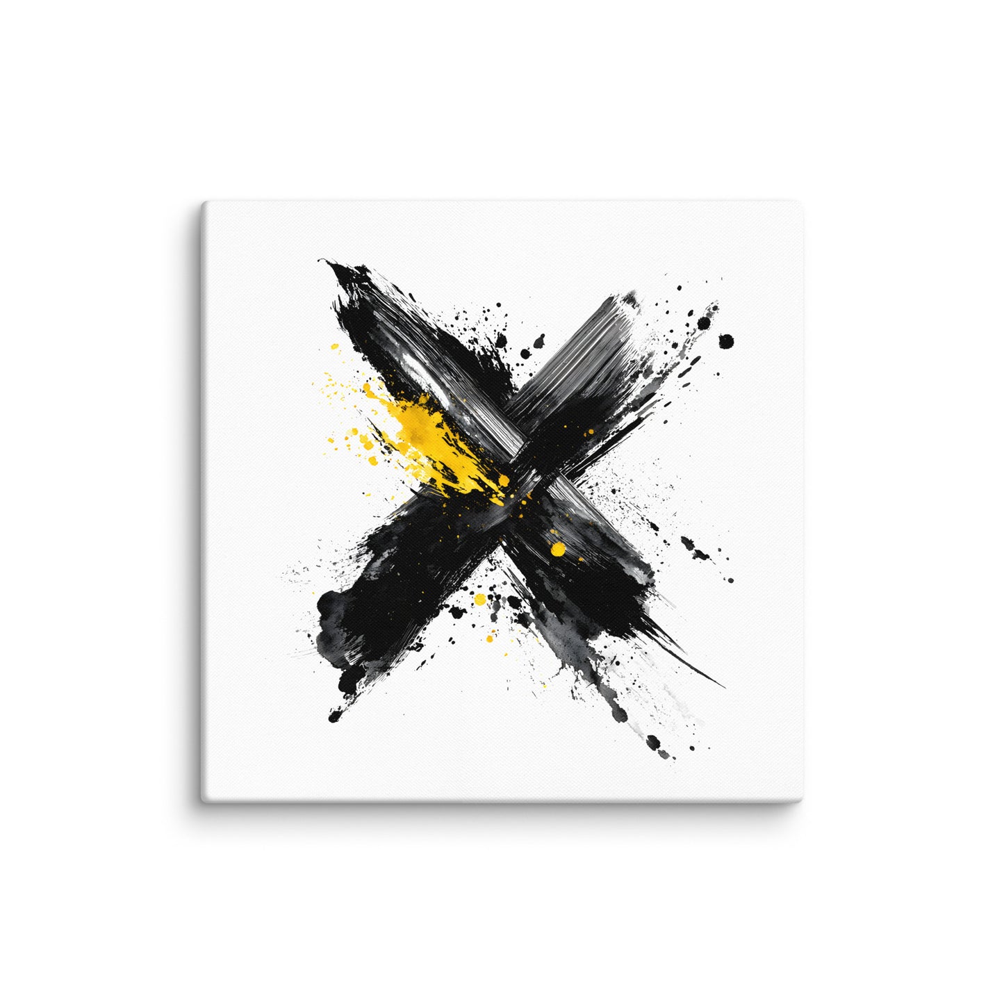 Wandbild Yellow Cross No. 02 aus der Kollektion Chaos & Order im Format 30x30 Zoll mit gelbem Kreuz, schwarzer Pinselkomposition und abstrakter Tusche-Komposition