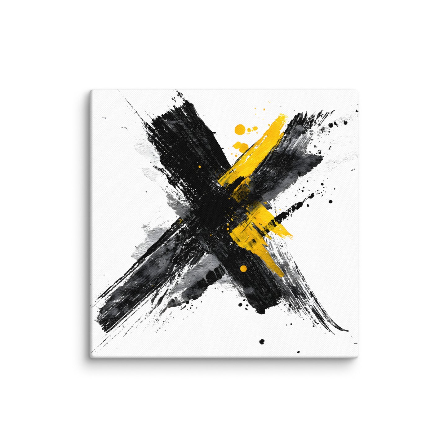Wandbild Yellow Cross No. 03 aus der Kollektion Chaos & Order im Format 12x12 Zoll mit gelbem Kreuz, schwarzer Pinselkomposition und abstrakter Tusche-Komposition