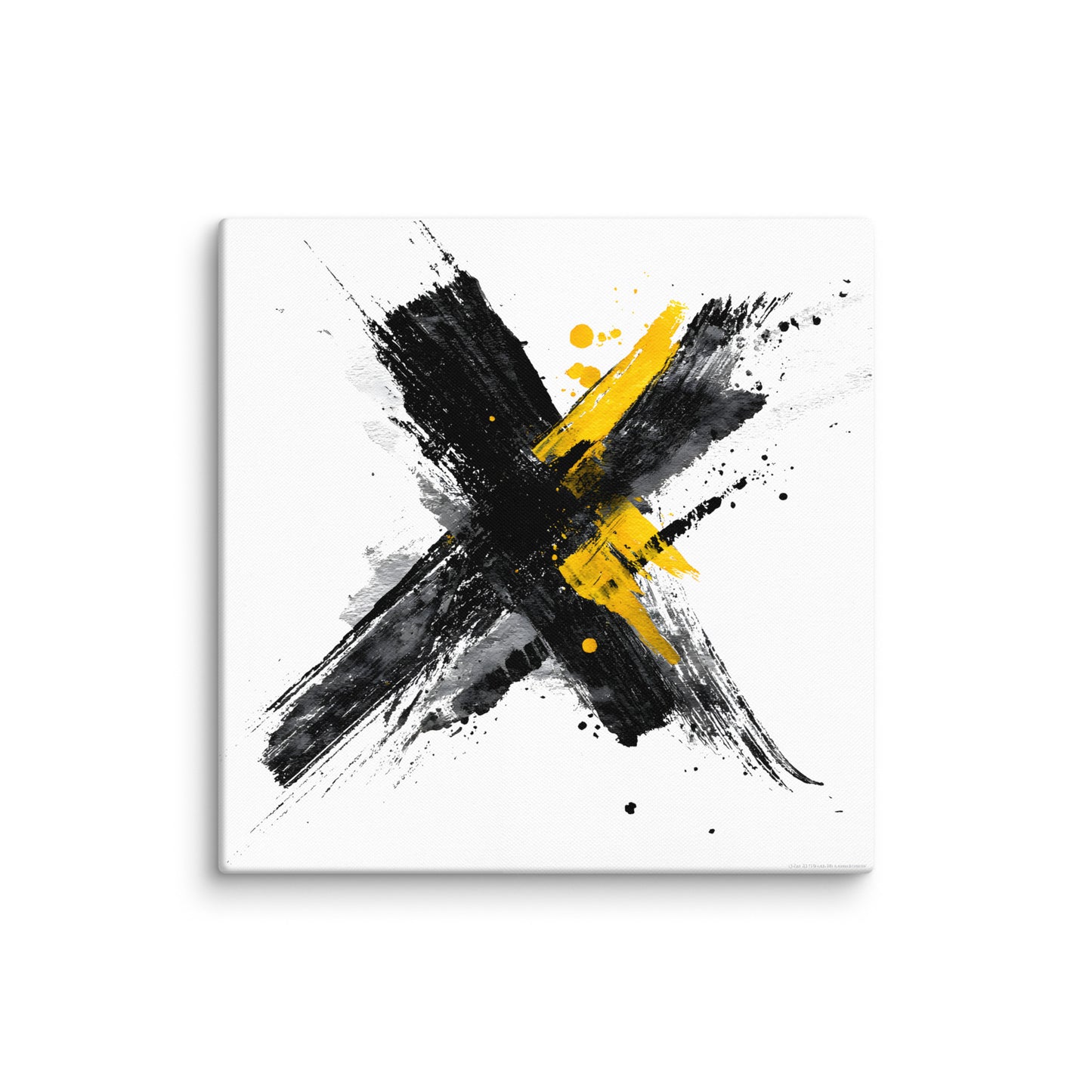 Wandbild Yellow Cross No. 03 aus der Kollektion Chaos & Order im Format 20x20 Zoll mit gelbem Kreuz, schwarzer Pinselkomposition und abstrakter Tusche-Komposition