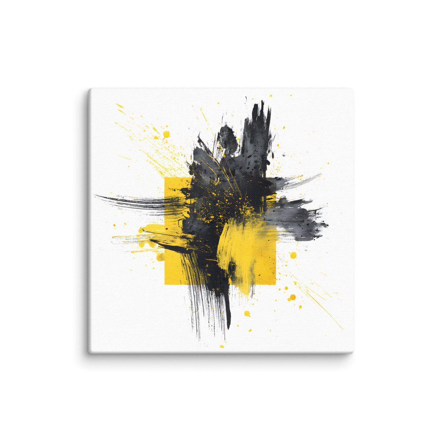 Wandbild Yellow Square No. 01 aus der Kollektion Chaos & Order im Format 12x12 Zoll mit gelbem Quadrat, schwarzer Quadratstruktur und abstrakter Tusche-Komposition