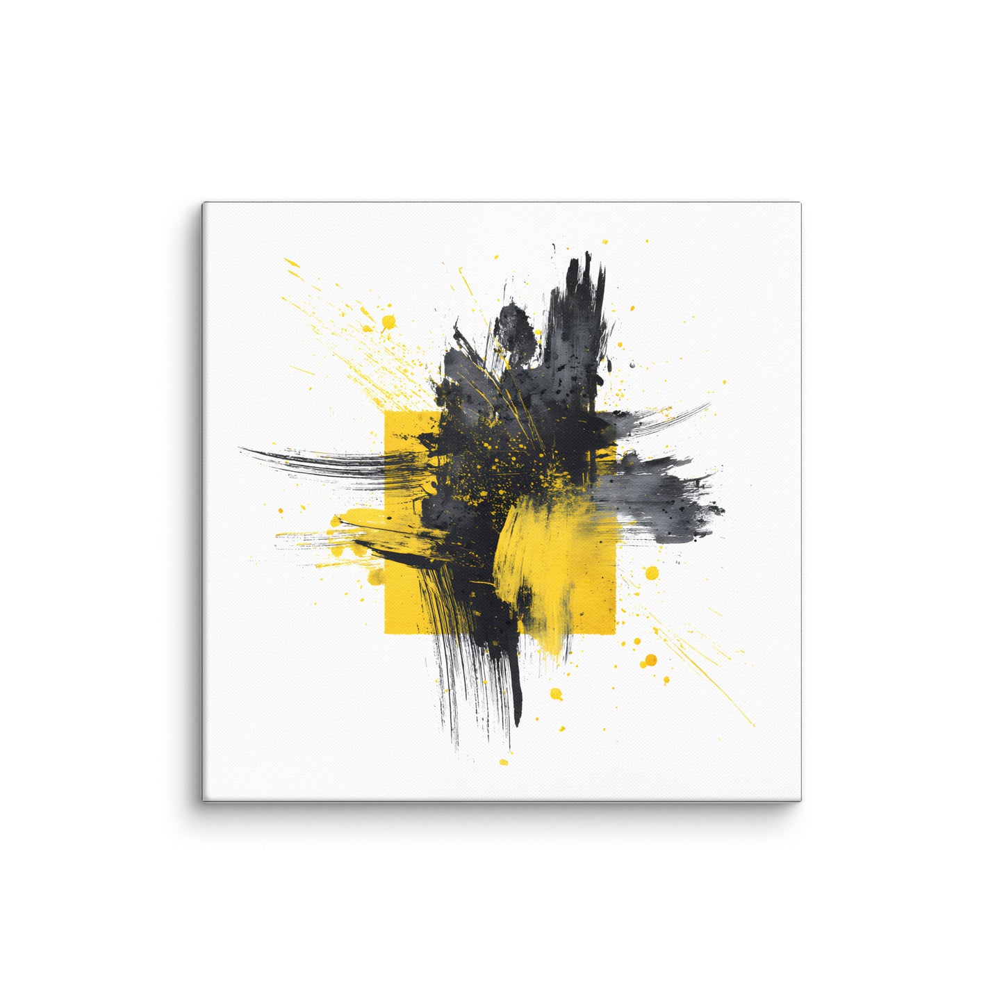 Wandbild Yellow Square No. 01 aus der Kollektion Chaos & Order im Format 36x36 Zoll mit gelbem Quadrat, schwarzer Quadratstruktur und abstrakter Tusche-Komposition