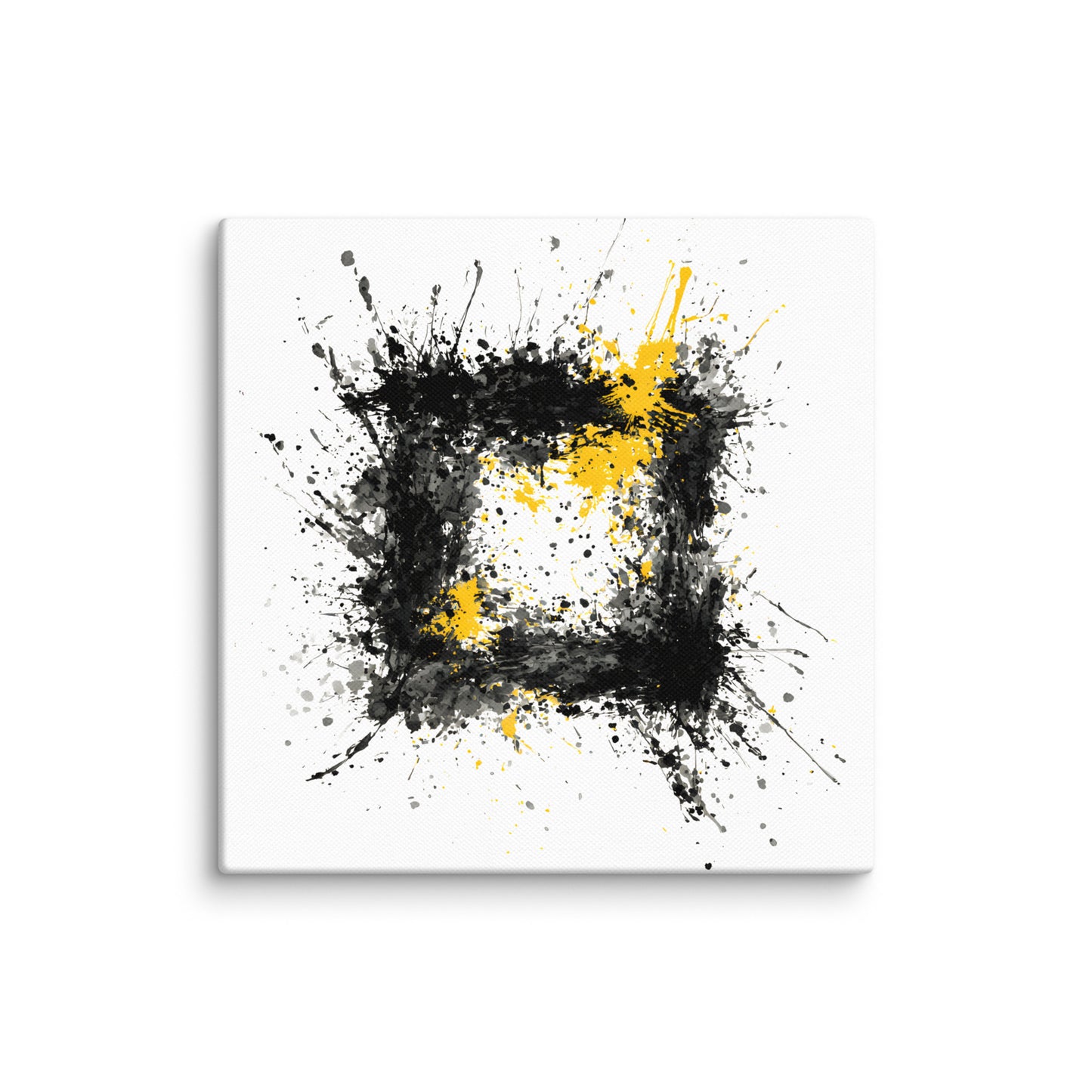 Wandbild Yellow Square No. 02 aus der Kollektion Chaos & Order im Format 12x12 Zoll mit gelbem Quadrat, schwarzer Quadratstruktur und abstrakter Tusche-Komposition