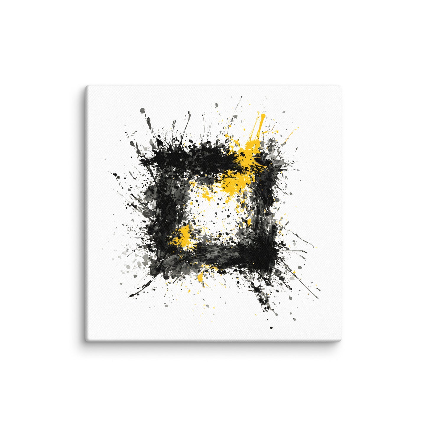 Wandbild Yellow Square No. 02 aus der Kollektion Chaos & Order im Format 36x36 Zoll mit gelbem Quadrat, schwarzer Quadratstruktur und abstrakter Tusche-Komposition