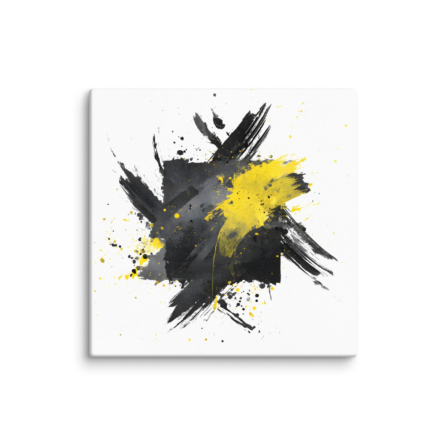 Wandbild Yellow Square No. 03 aus der Kollektion Chaos & Order im Format 12x12 Zoll mit gelbem Quadrat, schwarzer Quadratstruktur und abstrakter Tusche-Komposition