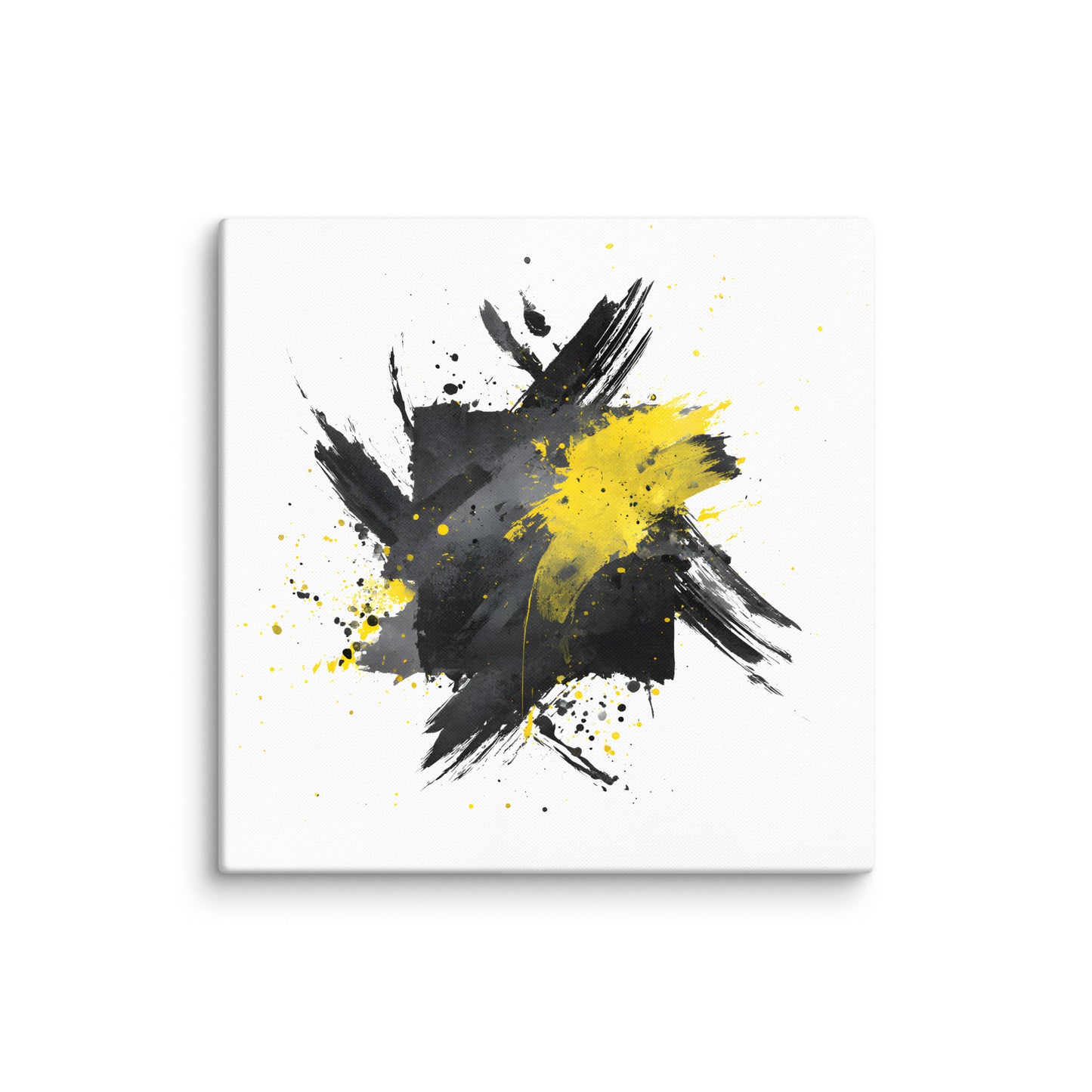 Wandbild Yellow Square No. 03 aus der Kollektion Chaos & Order im Format 30x30 Zoll mit gelbem Quadrat, schwarzer Quadratstruktur und abstrakter Tusche-Komposition