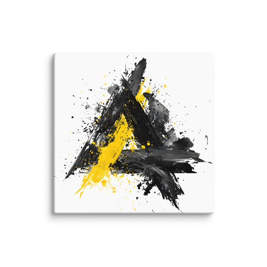 Wandbild Yellow Triangle No. 01 aus der Kollektion Chaos & Order im Format 12x12 Zoll mit gelbem Dreieck, schwarzer Pinselkomposition und abstrakter Tusche-Komposition