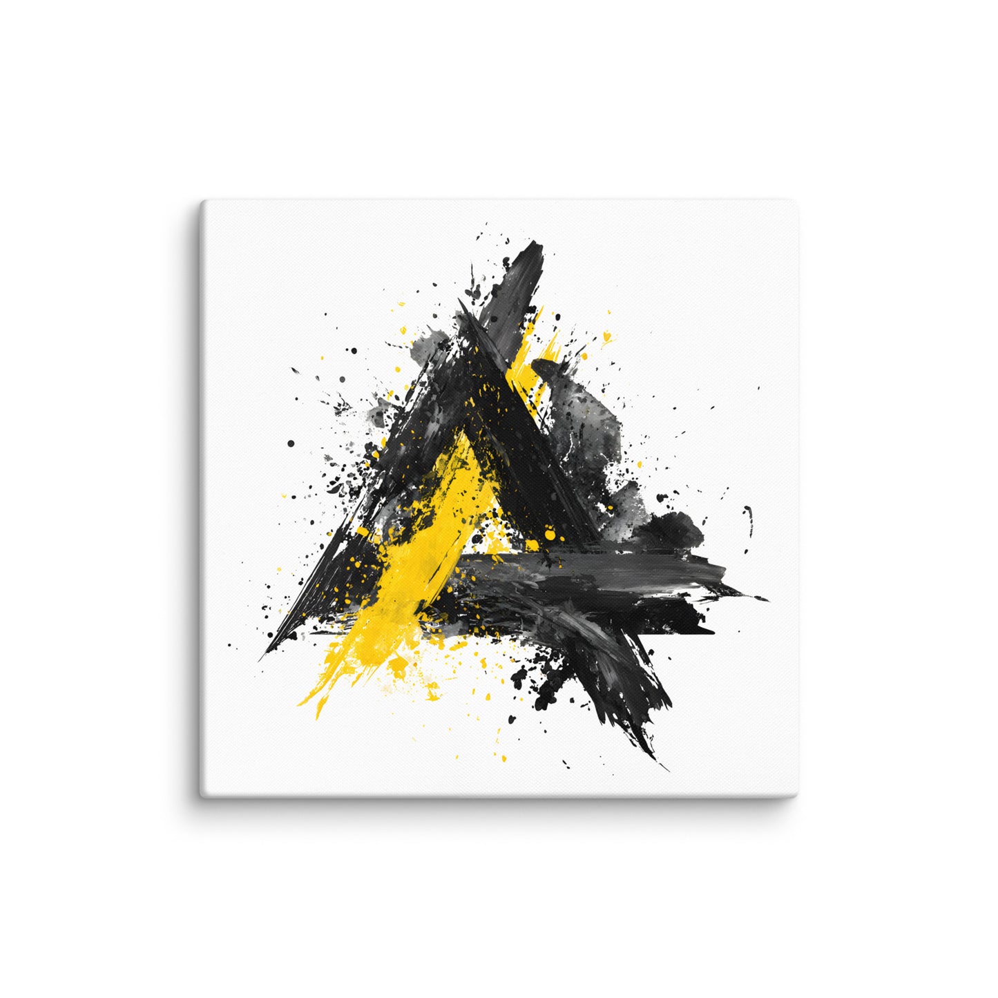 Wandbild Yellow Triangle No. 01 aus der Kollektion Chaos & Order im Format 20x20 Zoll mit gelbem Dreieck, schwarzer Pinselkomposition und abstrakter Tusche-Komposition