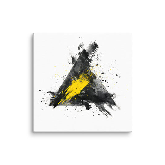 Wandbild Yellow Triangle No. 02 aus der Kollektion Chaos & Order im Format 12x12 Zoll mit gelbem Dreieck, schwarzer Pinselkomposition und abstrakter Tusche-Komposition