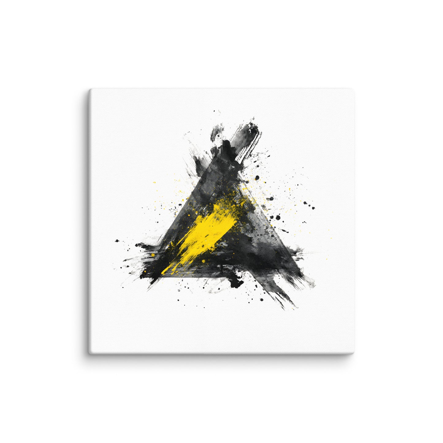 Wandbild Yellow Triangle No. 02 aus der Kollektion Chaos & Order im Format 24x24 Zoll mit gelbem Dreieck, schwarzer Pinselkomposition und abstrakter Tusche-Komposition