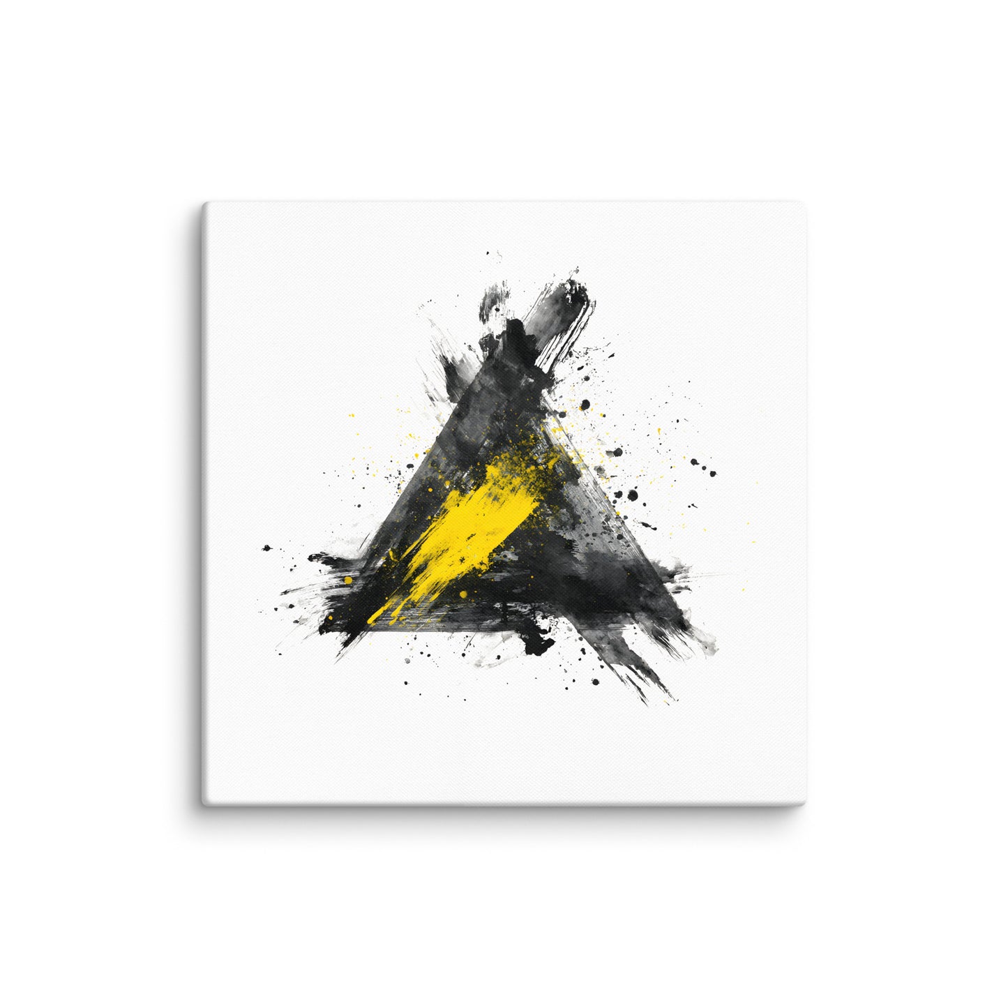 Wandbild Yellow Triangle No. 02 aus der Kollektion Chaos & Order im Format 30x30 Zoll mit gelbem Dreieck, schwarzer Pinselkomposition und abstrakter Tusche-Komposition