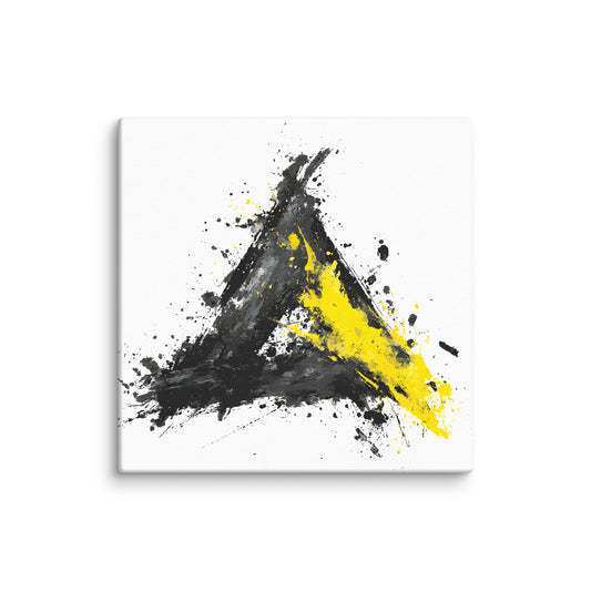 Wandbild Yellow Triangle No. 03 aus der Kollektion Chaos & Order im Format 12x12 Zoll mit gelbem Dreieck, schwarzer Pinselkomposition und abstrakter Tusche-Komposition