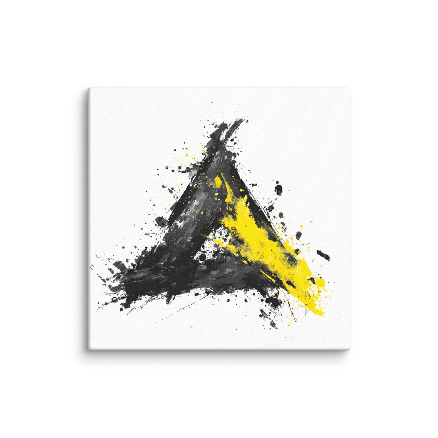 Wandbild Yellow Triangle No. 03 aus der Kollektion Chaos & Order im Format 16x16 Zoll mit gelbem Dreieck, schwarzer Pinselkomposition und abstrakter Tusche-Komposition